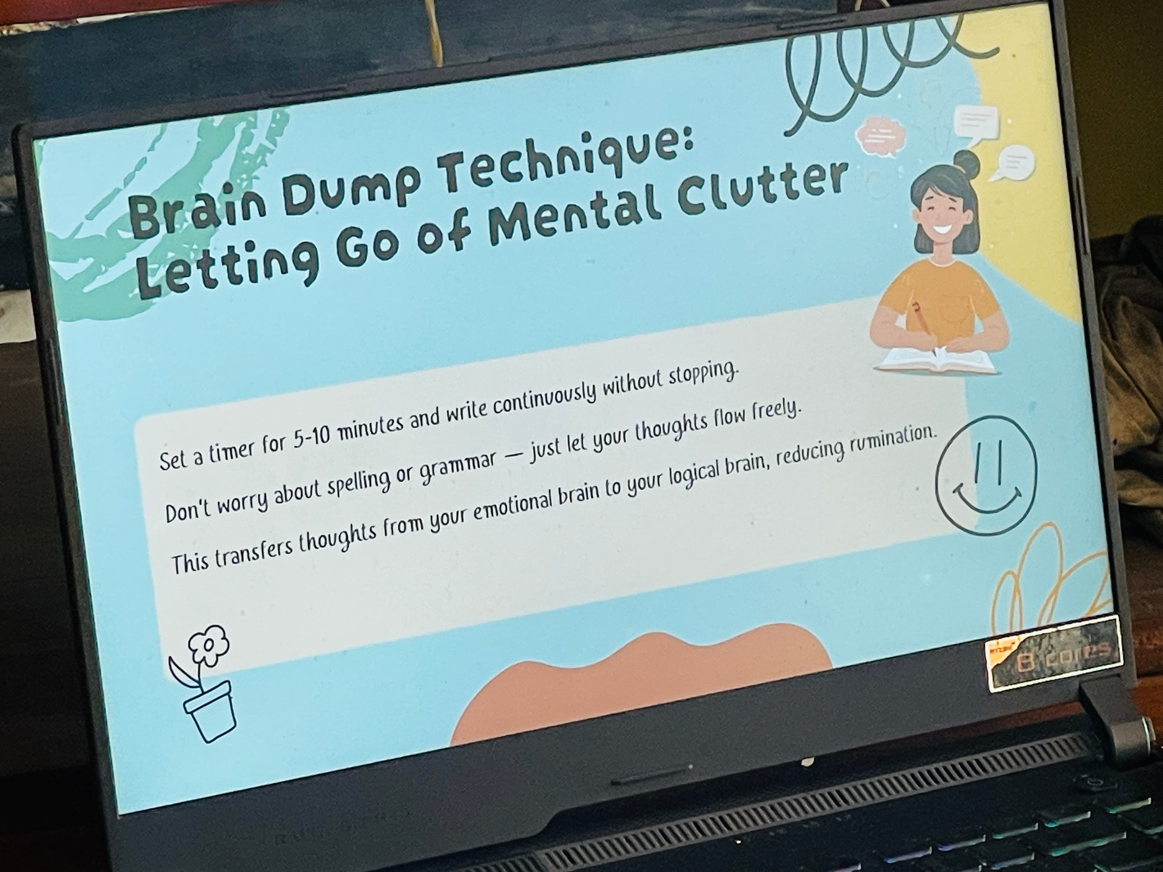 A workshop slide explaining the brain dump journaling technique